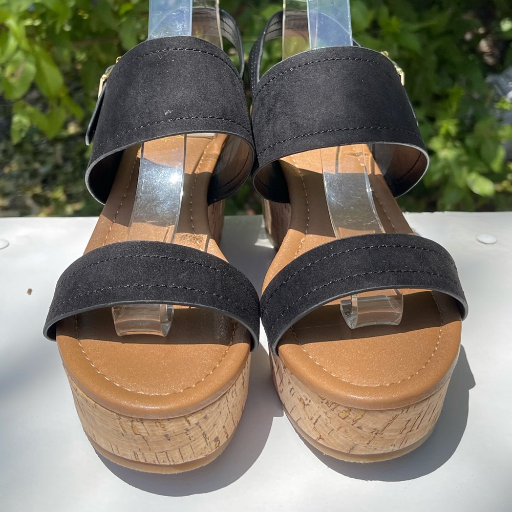 Last 9!  CALEB-42 Black Ankle Strap Slingback Chunky Platform Cork Heel Sandal - Picture 5 of 10